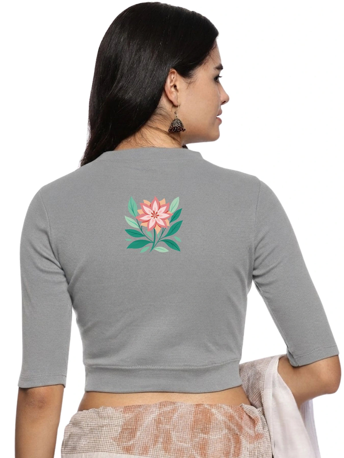 Women Back Printed Stretchable Elbow Sleeve RIB Blouse U0155 LT Steel Grey