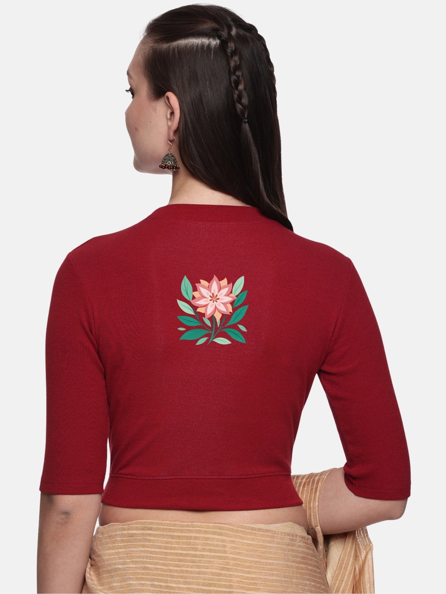 Women Back Printed Stretchable Elbow Sleeve RIB Blouse U0155 Burgandy