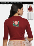 Women Back Printed Stretchable Elbow Sleeve RIB Blouse U0155 Maroon