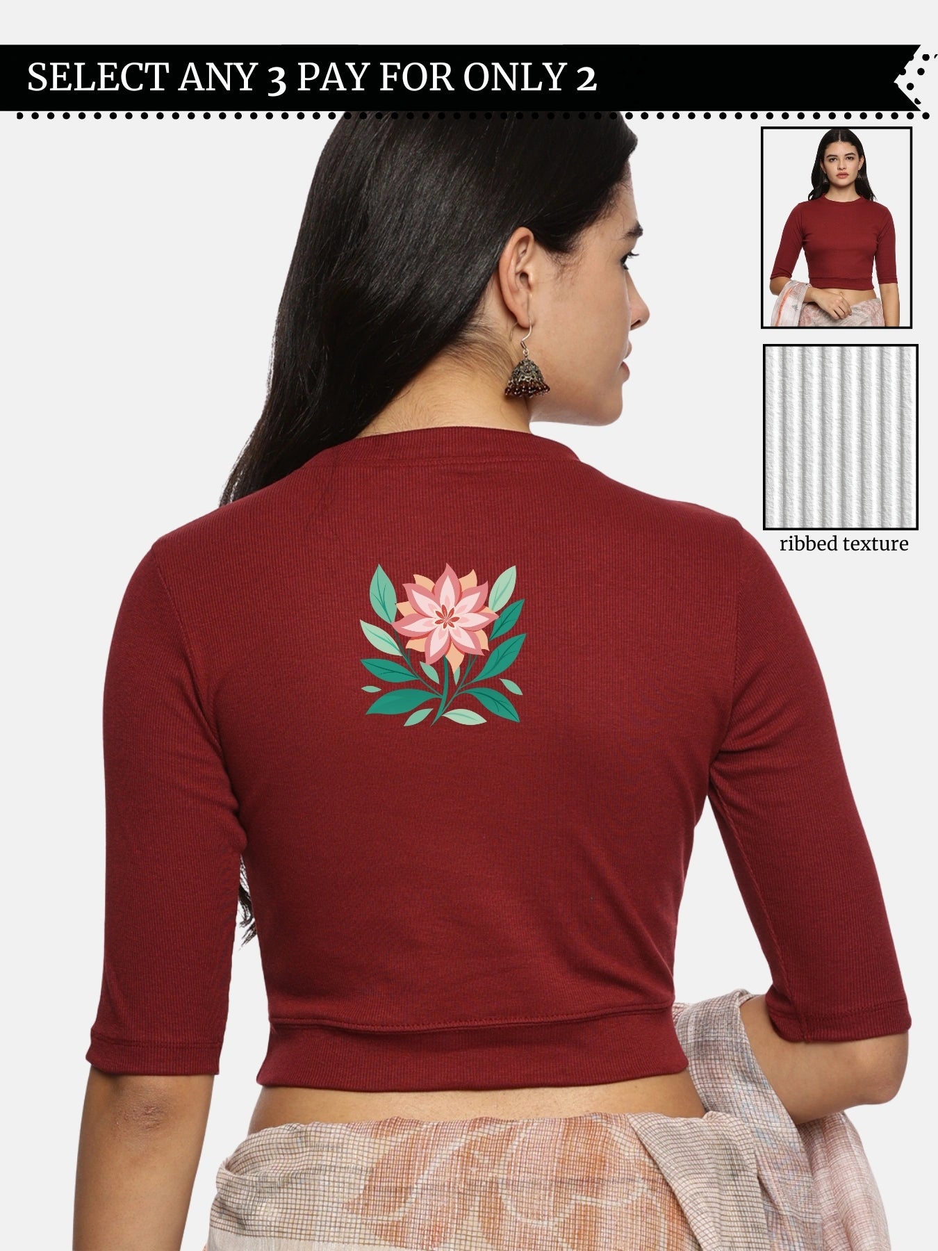 Women Back Printed Stretchable Elbow Sleeve RIB Blouse U0155 Maroon