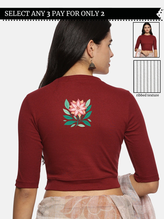 Women Back Printed Stretchable Elbow Sleeve RIB Blouse U0155 Maroon