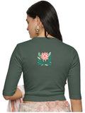 Women Back Printed Stretchable Elbow Sleeve RIB Blouse U0155 Khaki Green
