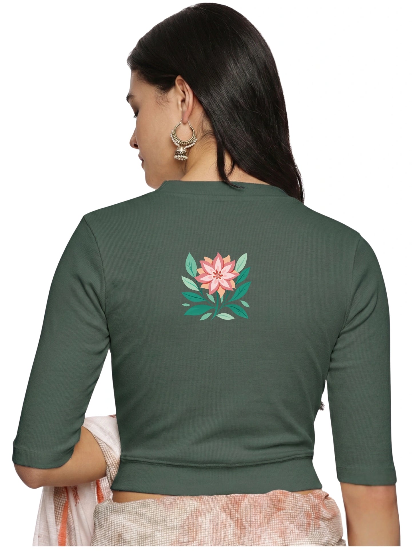 Women Back Printed Stretchable Elbow Sleeve RIB Blouse U0155 Khaki Green