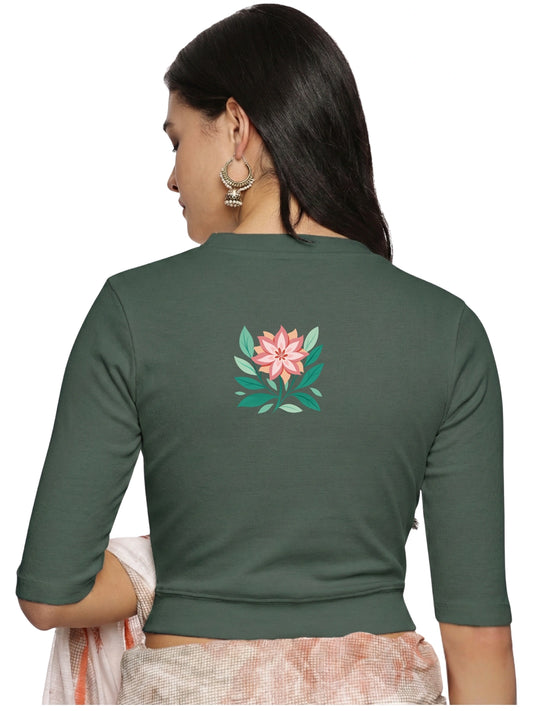 Women Back Printed Stretchable Elbow Sleeve RIB Blouse U0155 Khaki Green