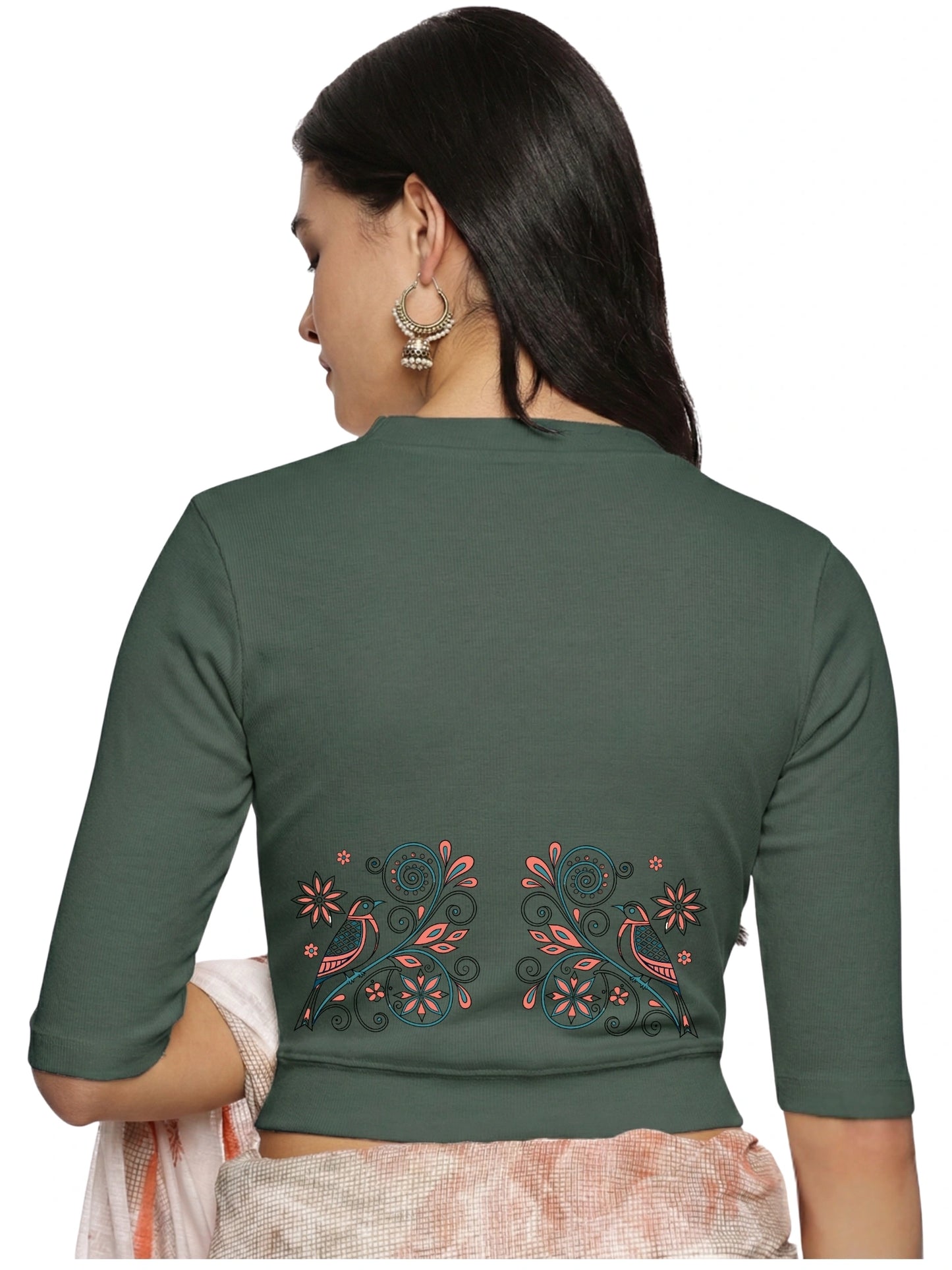 Women Back Printed Stretchable Elbow Sleeve RIB Blouse U0156 Khaki Green
