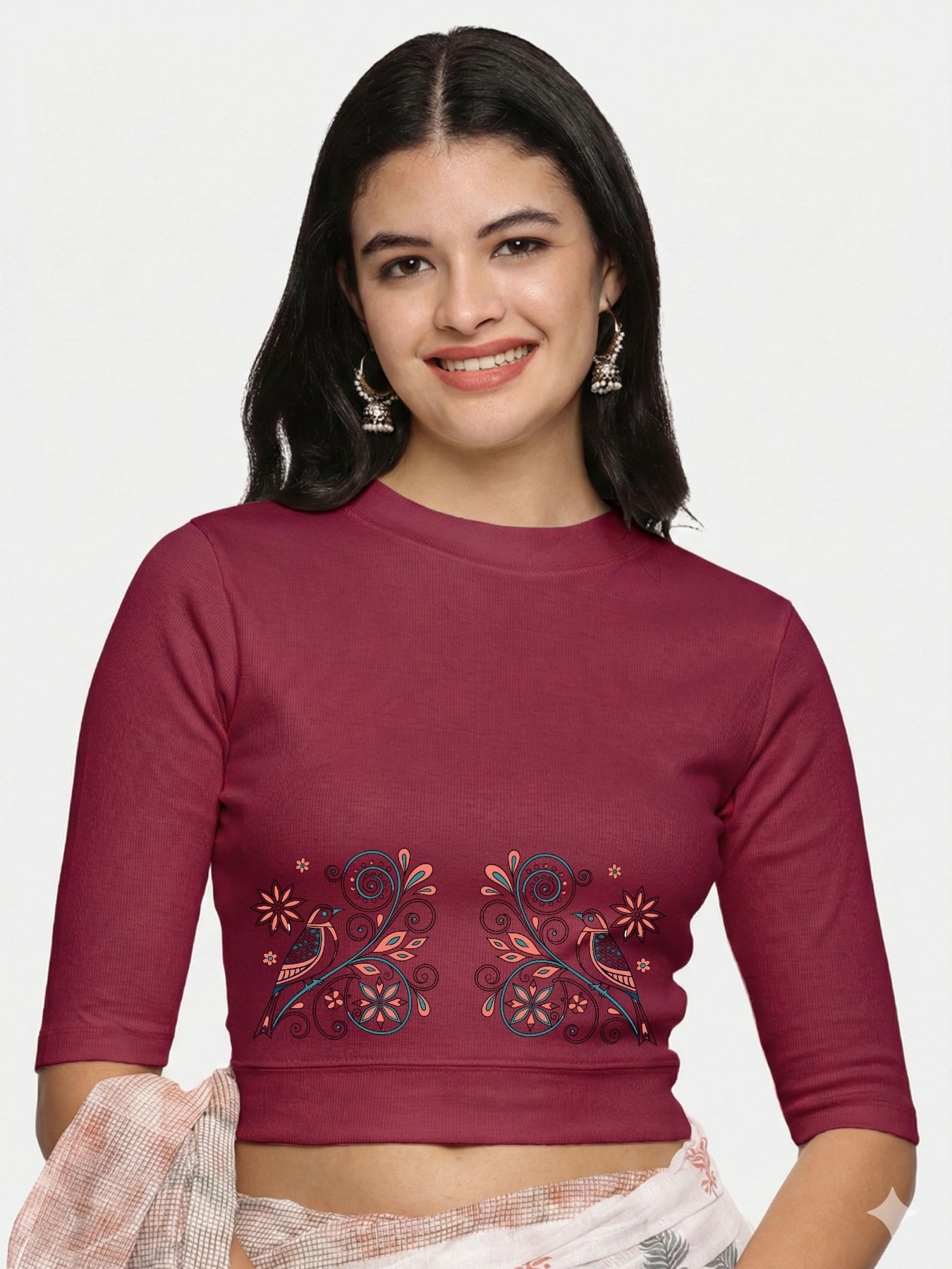 Women Back Printed Stretchable Elbow Sleeve RIB Blouse U0156 Wine Pink