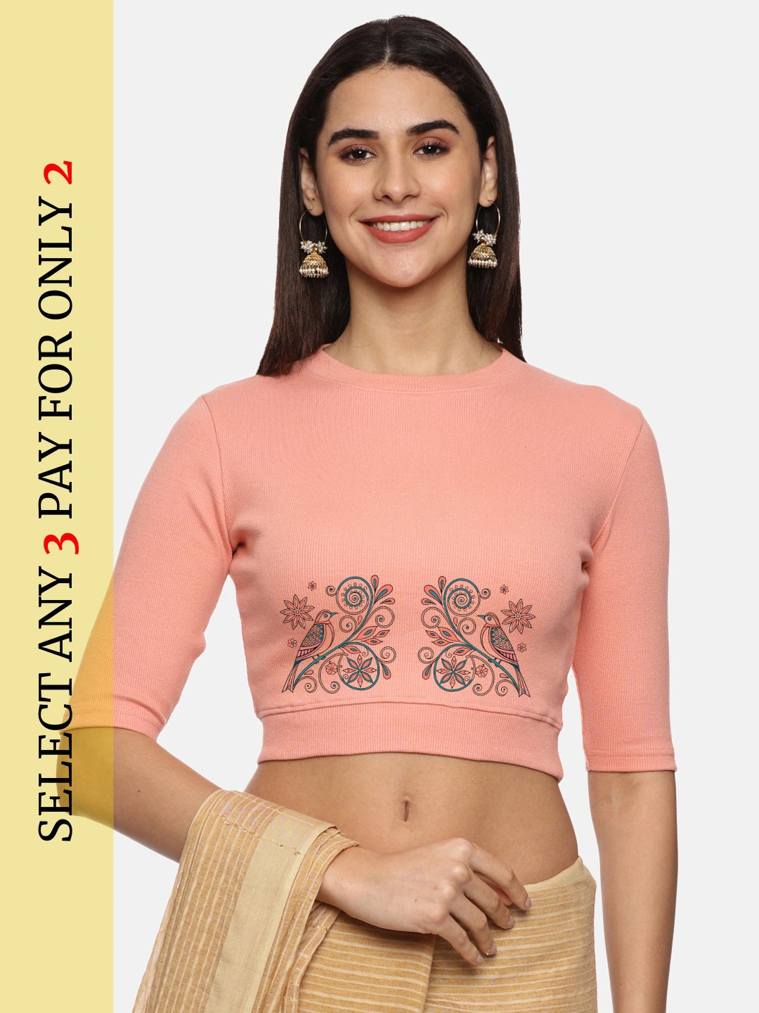 Women Back Printed Stretchable Elbow Sleeve RIB Blouse U0156