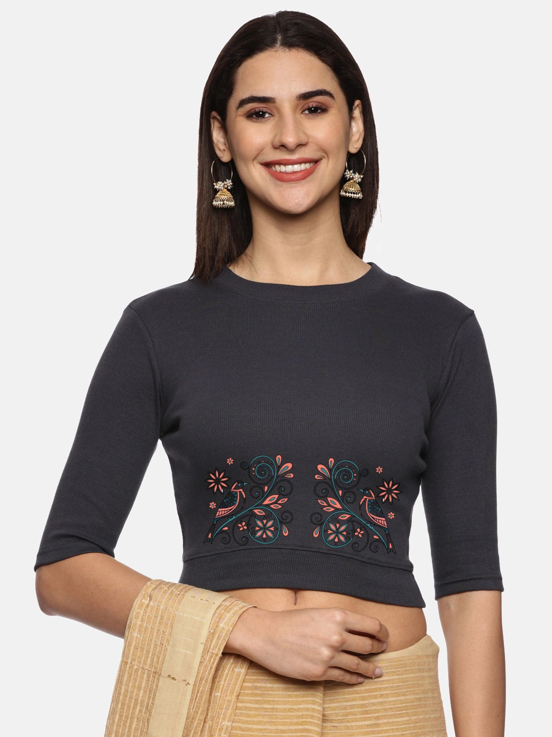 Women Back Printed Stretchable Elbow Sleeve RIB Blouse U0156