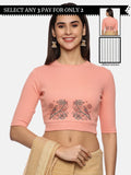 Women Back Printed Stretchable Elbow Sleeve RIB Blouse U0156 Peach