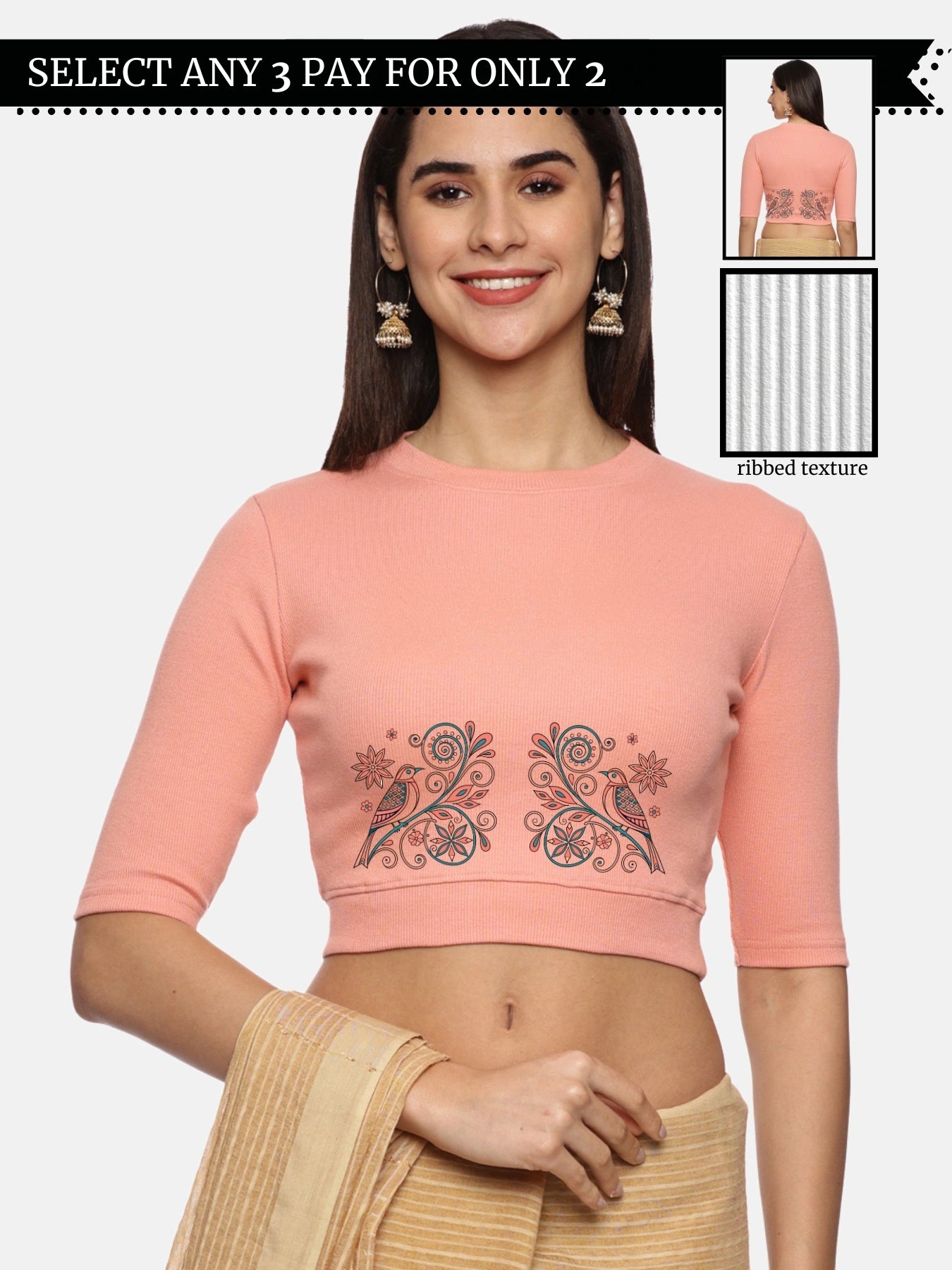 Women Back Printed Stretchable Elbow Sleeve RIB Blouse U0156 Peach