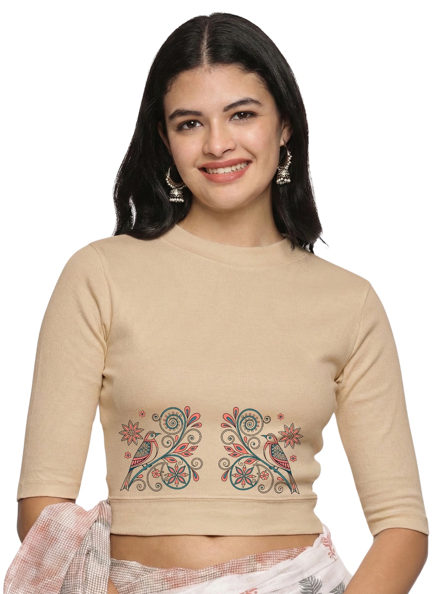 Women Back Printed Stretchable Elbow Sleeve RIB Blouse U0156 Chikoo