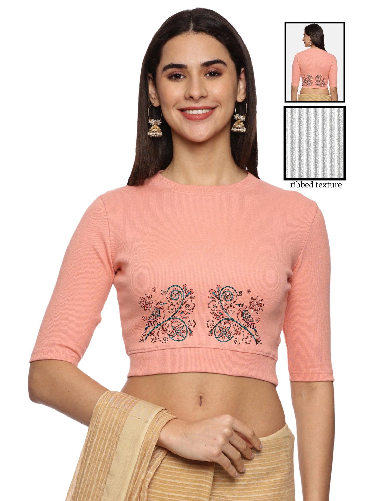 Women Back Printed Stretchable Elbow Sleeve RIB Blouse U0156 Peach