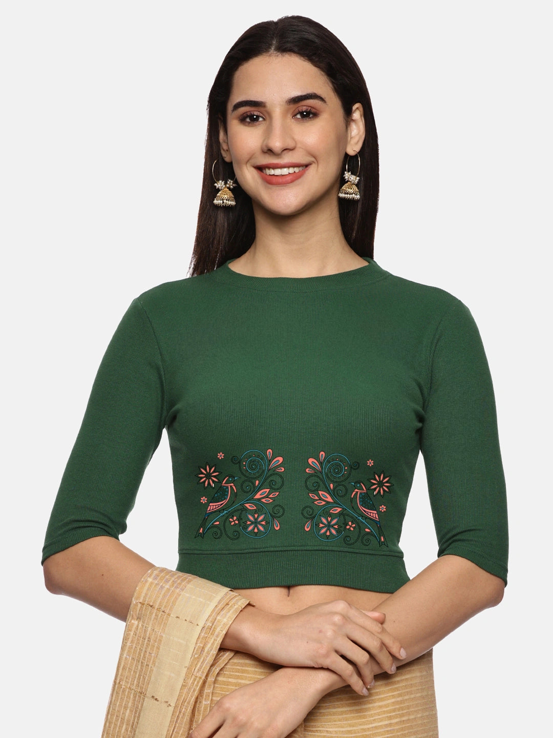 Women Back Printed Stretchable Elbow Sleeve RIB Blouse U0156