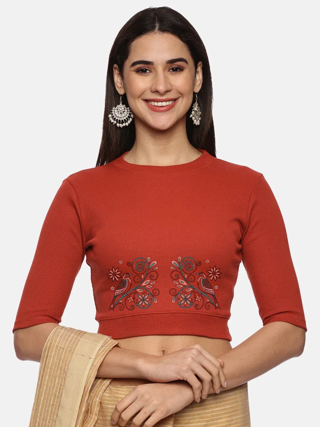 Women Back Printed Stretchable Elbow Sleeve RIB Blouse U0156 - notyetbyus