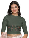 Women Back Printed Stretchable Elbow Sleeve RIB Blouse U0156 Khaki Green