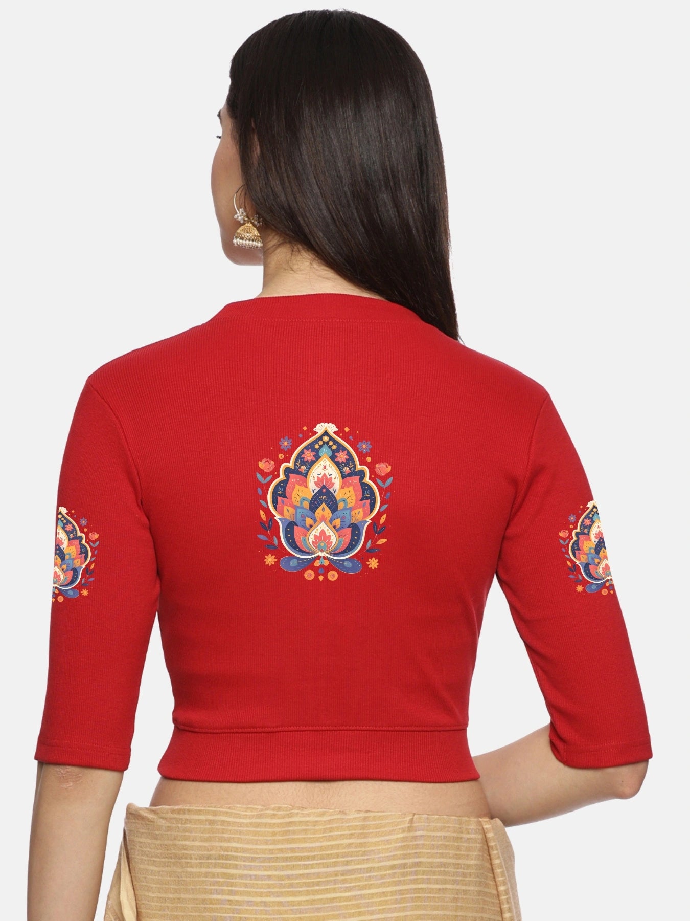 Women Back Printed Stretchable Elbow Sleeve RIB Blouse U0157