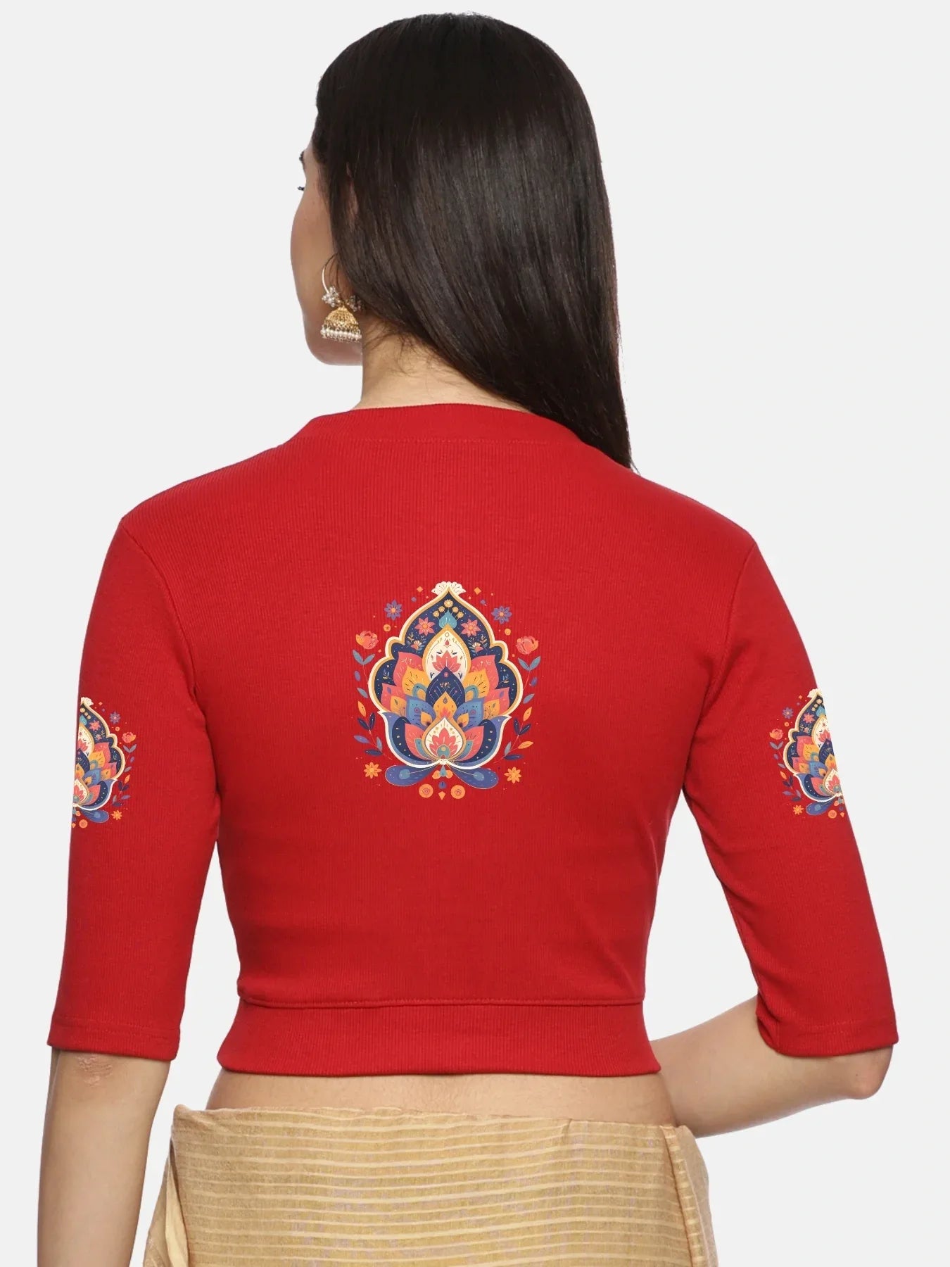 Women Back Printed Stretchable Elbow Sleeve RIB Blouse U0157 - notyetbyus