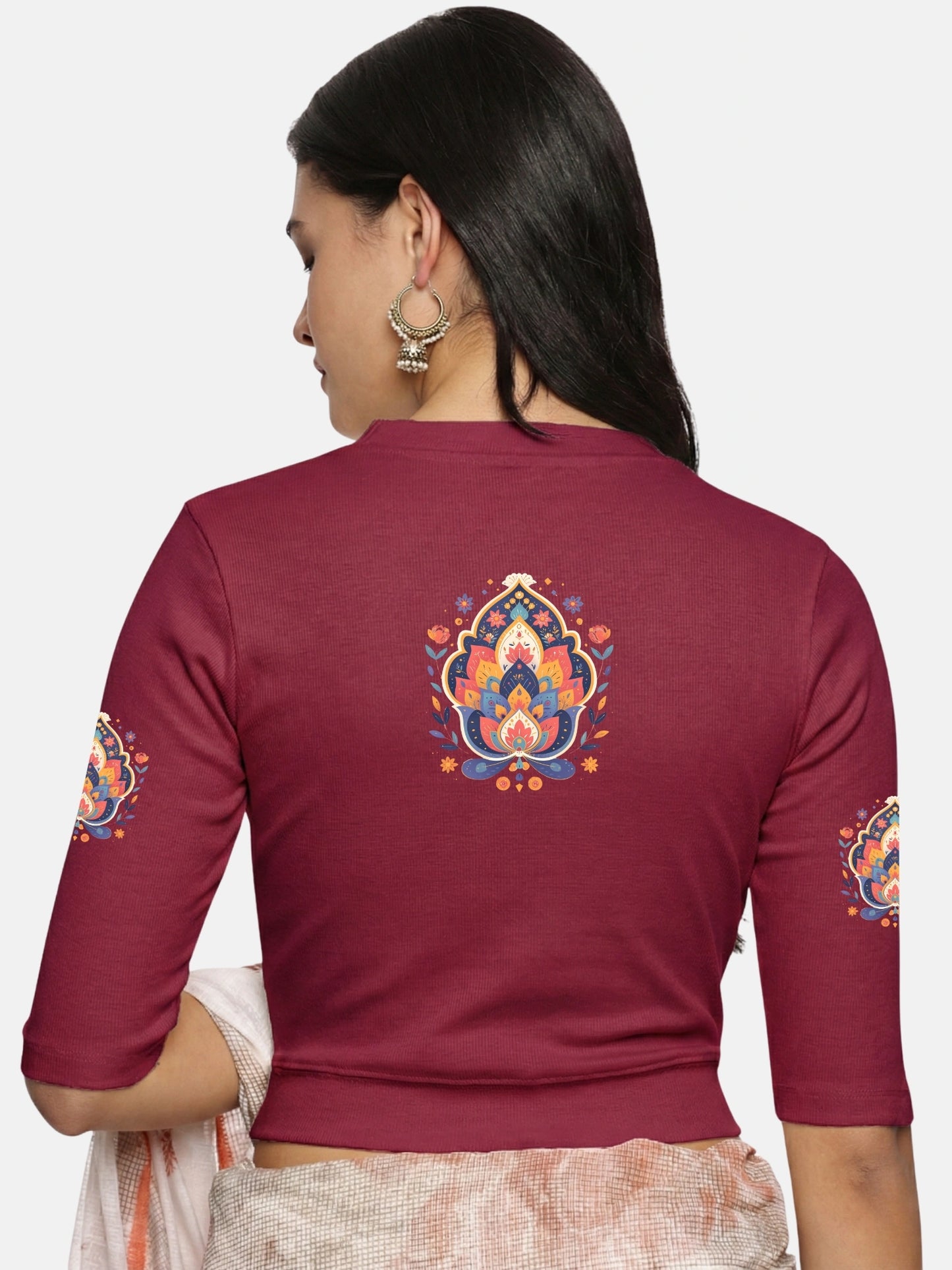 Women Back Printed Stretchable Elbow Sleeve RIB Blouse U0157 Wine Pink