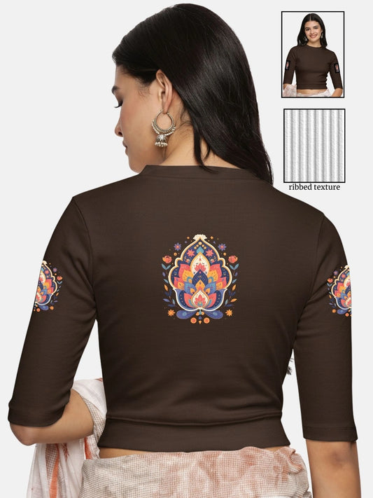Women Back Printed Stretchable Elbow Sleeve RIB Blouse U0157 Coffee Brown