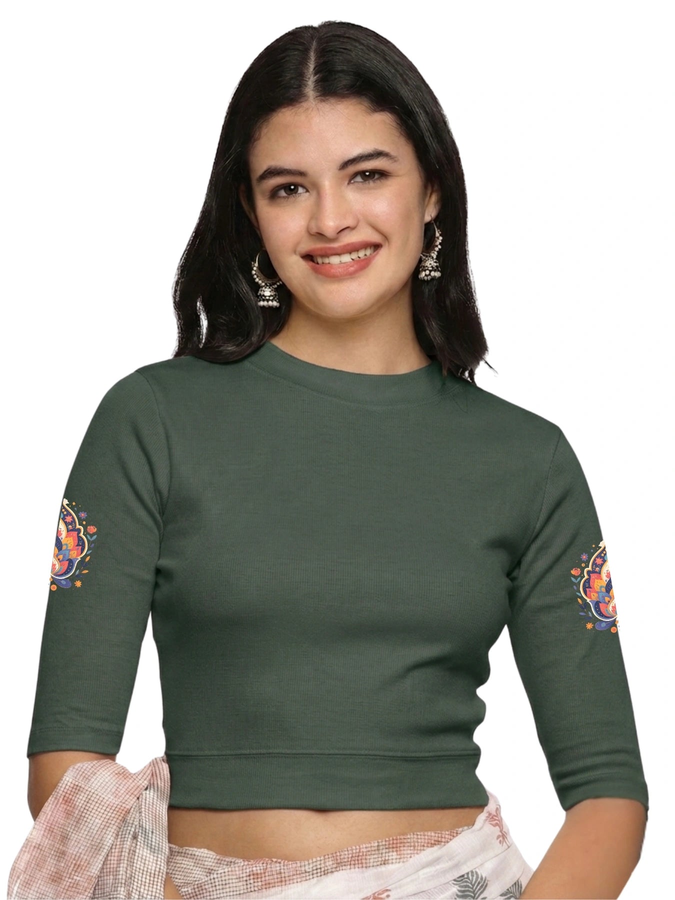 Women Back Printed Stretchable Elbow Sleeve RIB Blouse U0157 Khaki Green