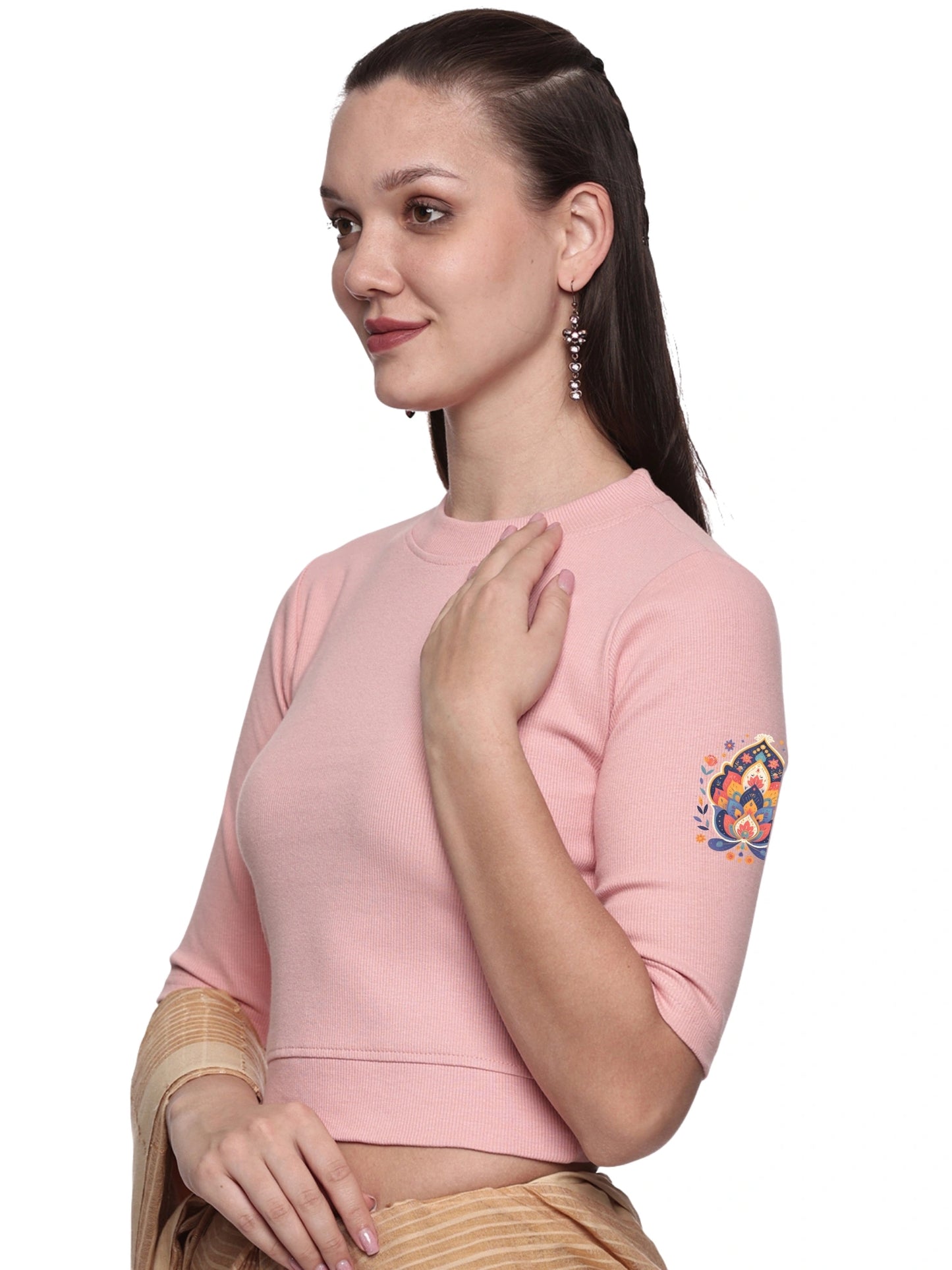Women Back Printed Stretchable Elbow Sleeve RIB Blouse U0157 Blush Pink