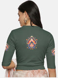 Women Back Printed Stretchable Elbow Sleeve RIB Blouse U0157 Khaki Green