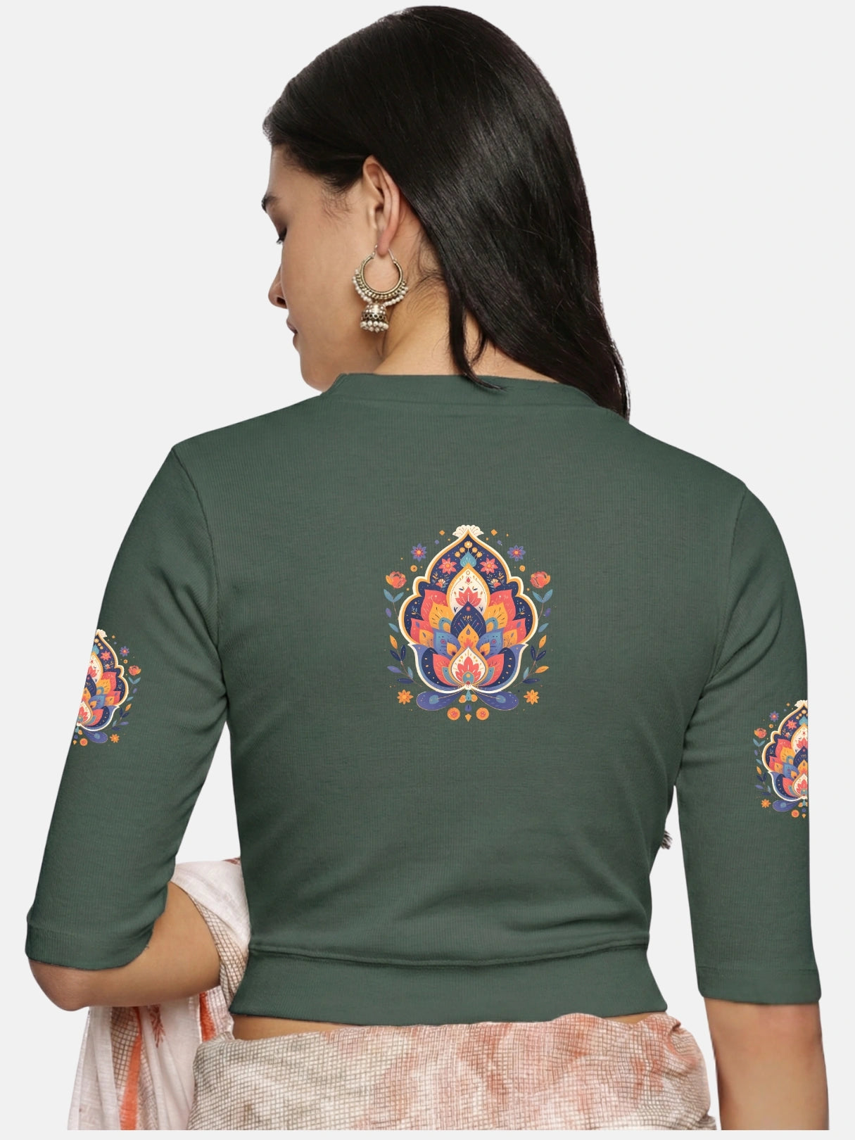 Women Back Printed Stretchable Elbow Sleeve RIB Blouse U0157 Khaki Green