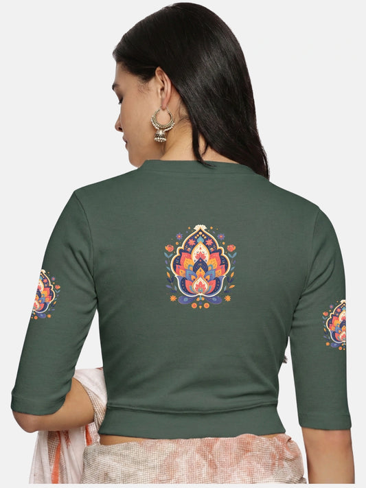 Women Back Printed Stretchable Elbow Sleeve RIB Blouse U0157 Khaki Green