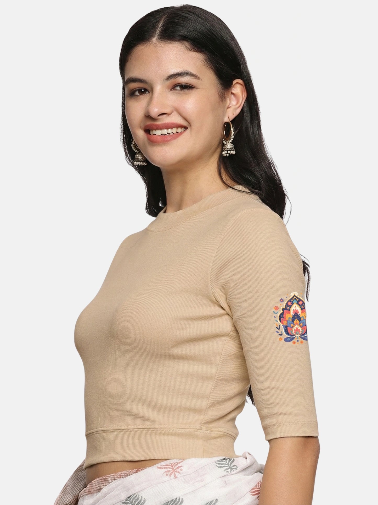 Women Back Printed Stretchable Elbow Sleeve RIB Blouse U0157 Chikoo