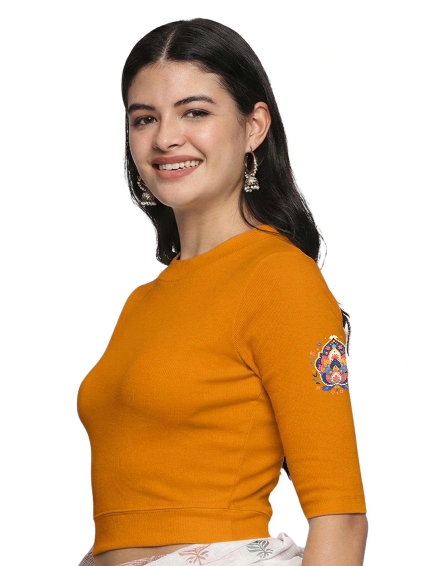 Women Back Printed Stretchable Elbow Sleeve RIB Blouse U0157 Mustard