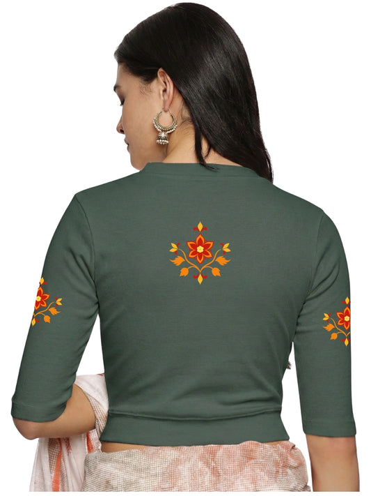 Women Back Printed Stretchable Elbow Sleeve RIB Blouse U0158 Khaki Green