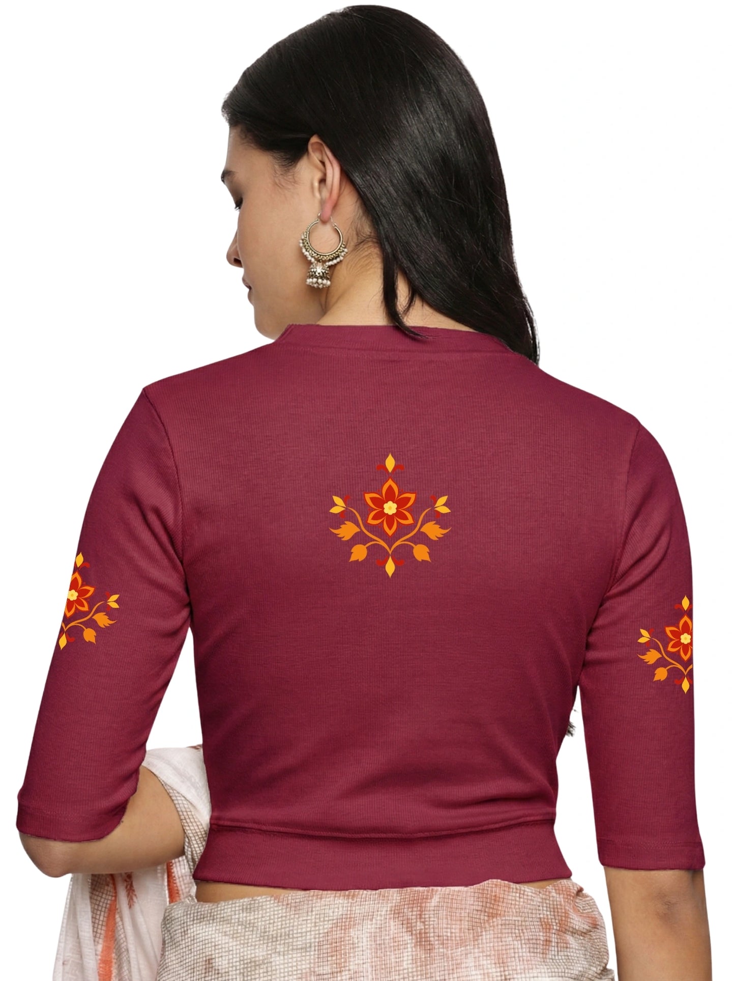 Women Back Printed Stretchable Elbow Sleeve RIB Blouse U0158 Wine Pink