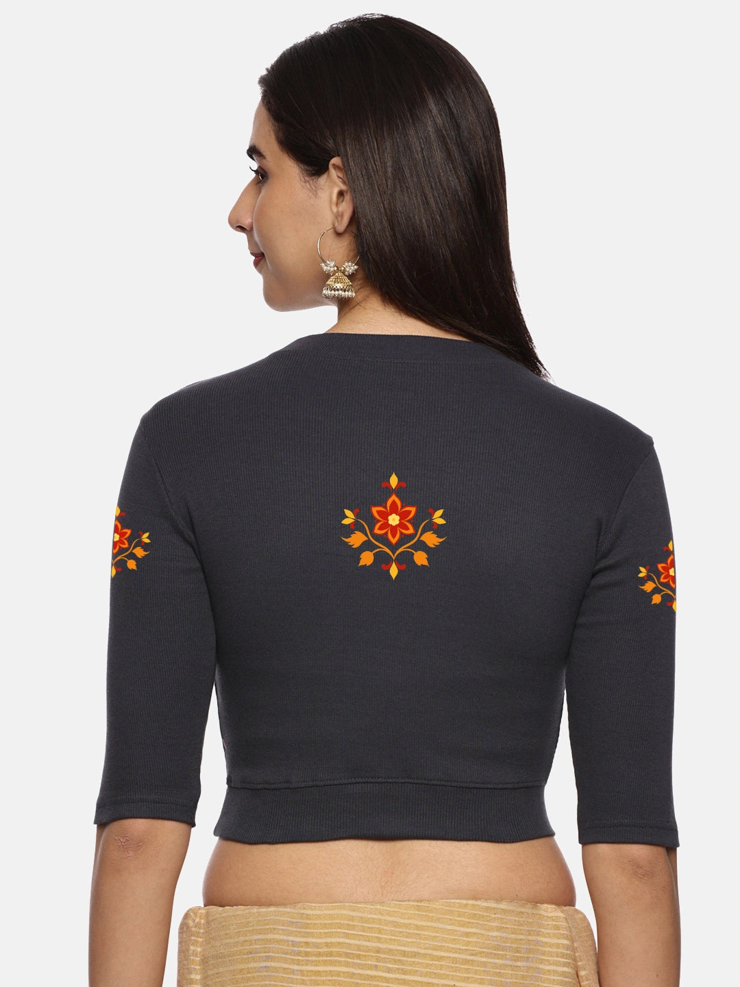 Women Back Printed Stretchable Elbow Sleeve RIB Blouse U0158