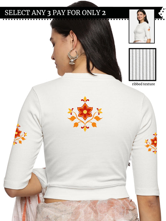 Women Back Printed Stretchable Elbow Sleeve RIB Blouse U0158 White