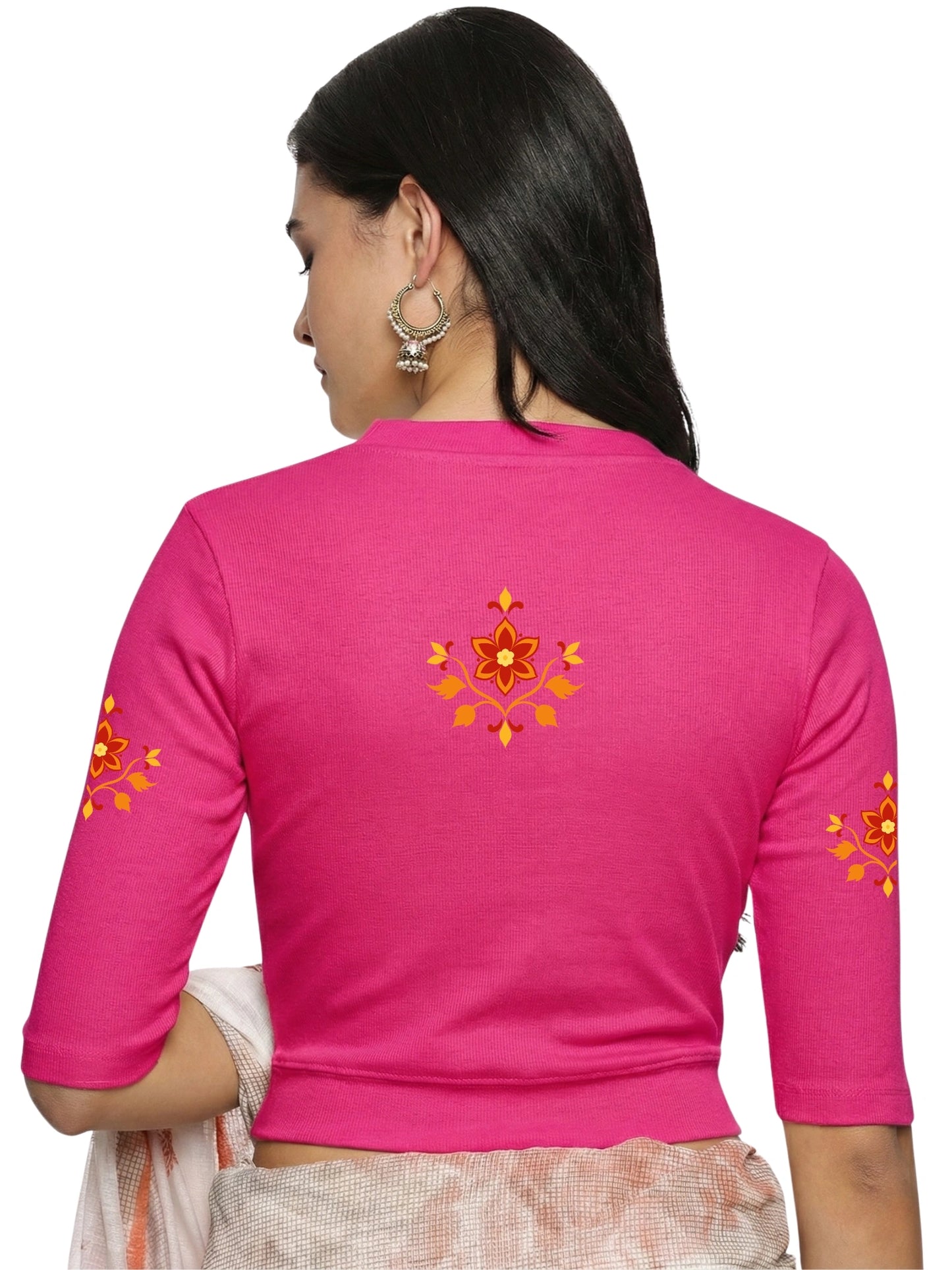 Women Back Printed Stretchable Elbow Sleeve RIB Blouse U0158 Rani Pink