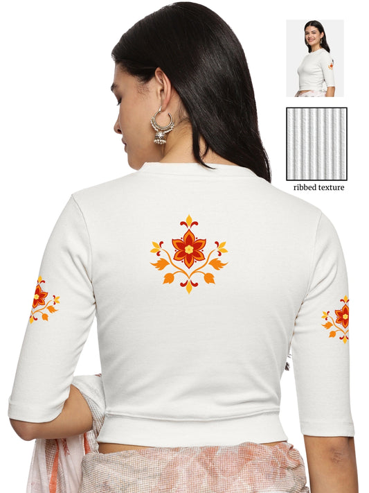 Women Back Printed Stretchable Elbow Sleeve RIB Blouse U0158 White