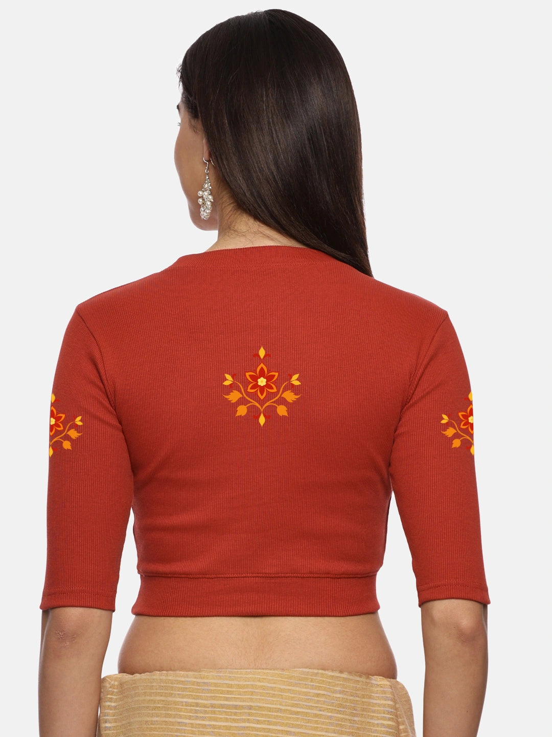 Women Back Printed Stretchable Elbow Sleeve RIB Blouse U0158