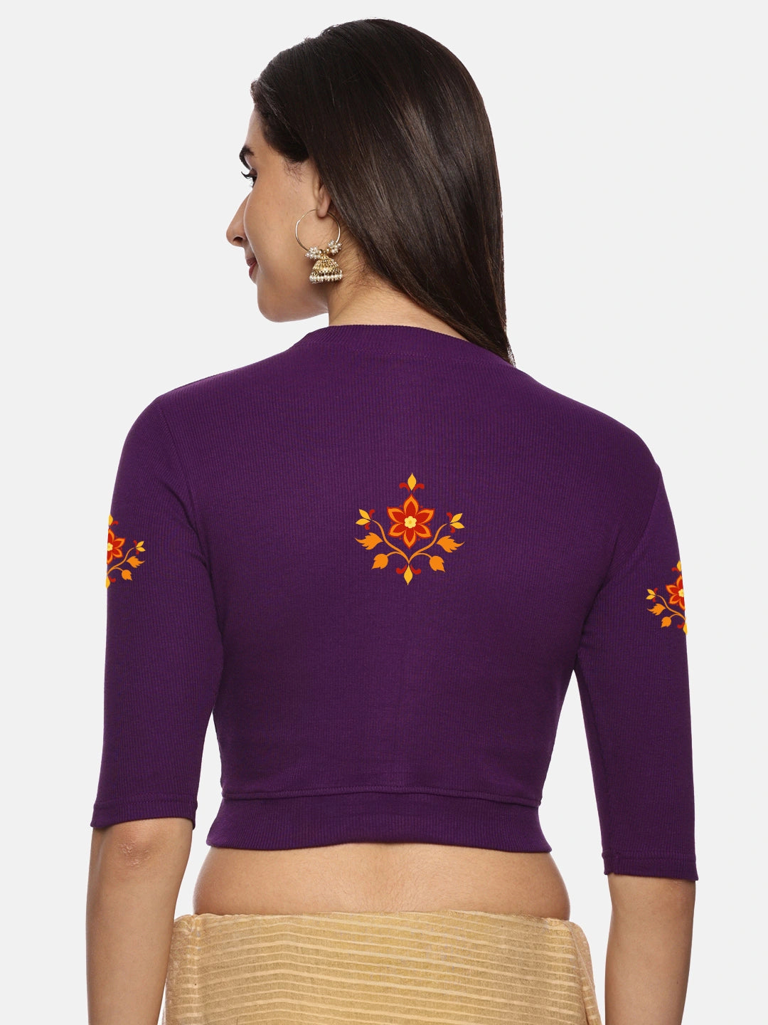 Women Back Printed Stretchable Elbow Sleeve RIB Blouse U0158