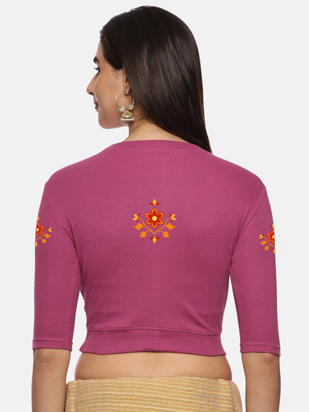 Women Back Printed Stretchable Elbow Sleeve RIB Blouse U0158
