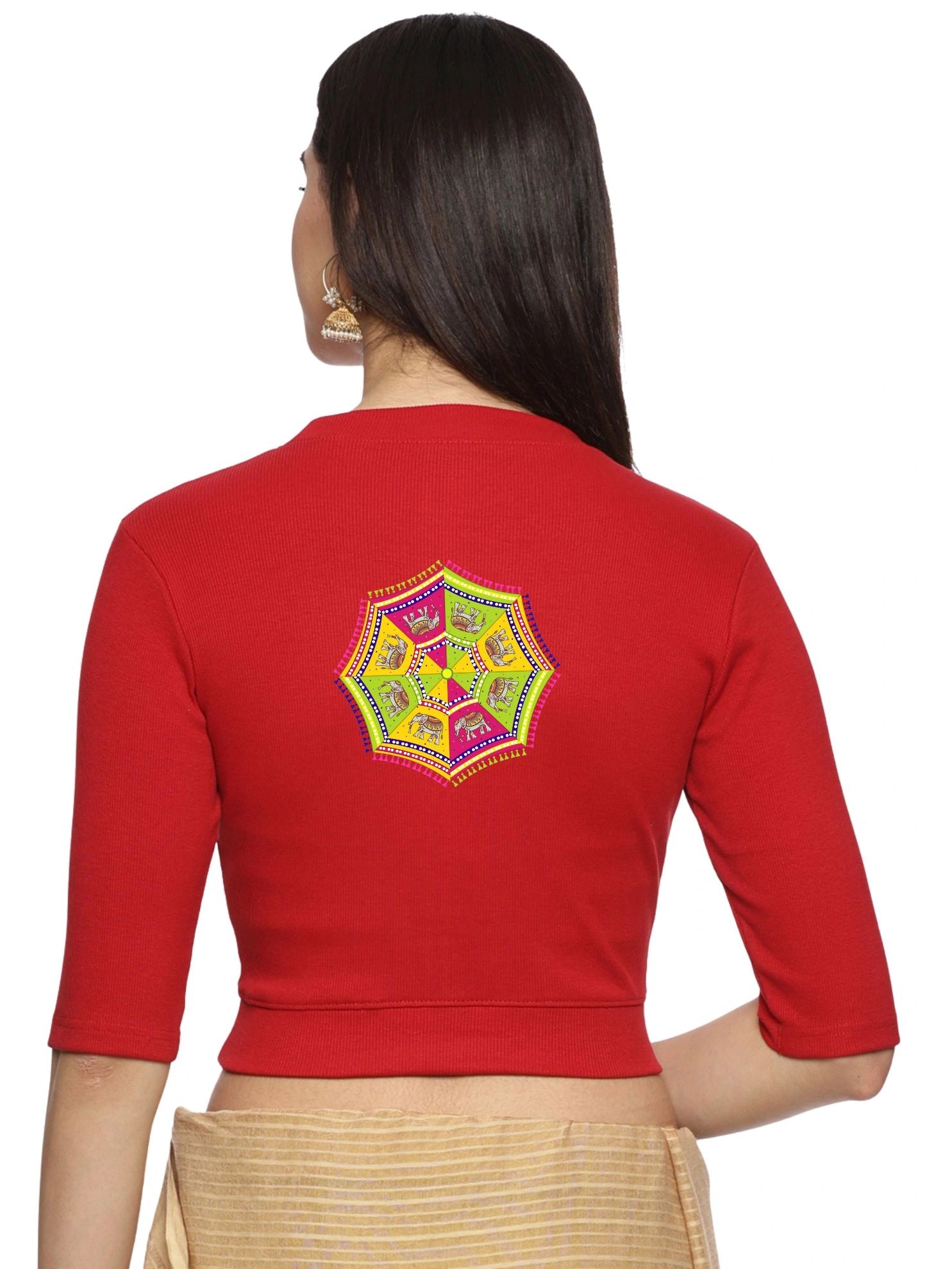 Women Back Printed Stretchable Elbow Sleeve RIB Blouse U0159