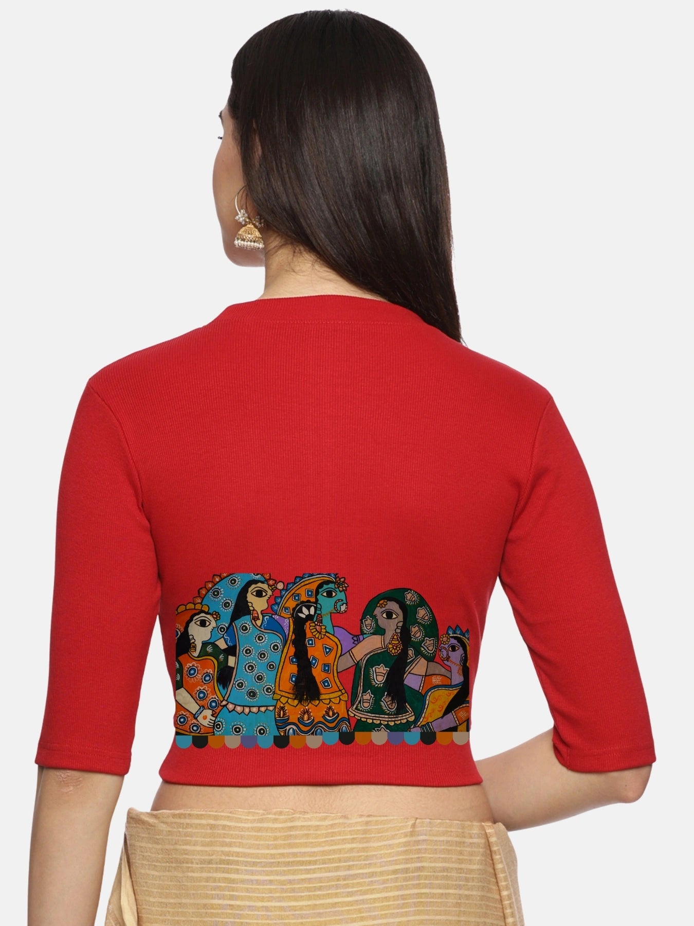 Women Back Printed Stretchable Elbow Sleeve RIB Blouse U0160