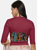 Women Back Printed Stretchable Elbow Sleeve RIB Blouse U0160 Wine Pink