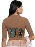 Women Back Printed Stretchable Elbow Sleeve RIB Blouse U0160 Biscuit