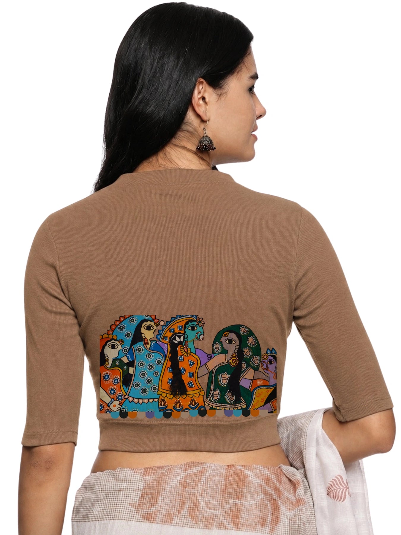 Women Back Printed Stretchable Elbow Sleeve RIB Blouse U0160 Biscuit