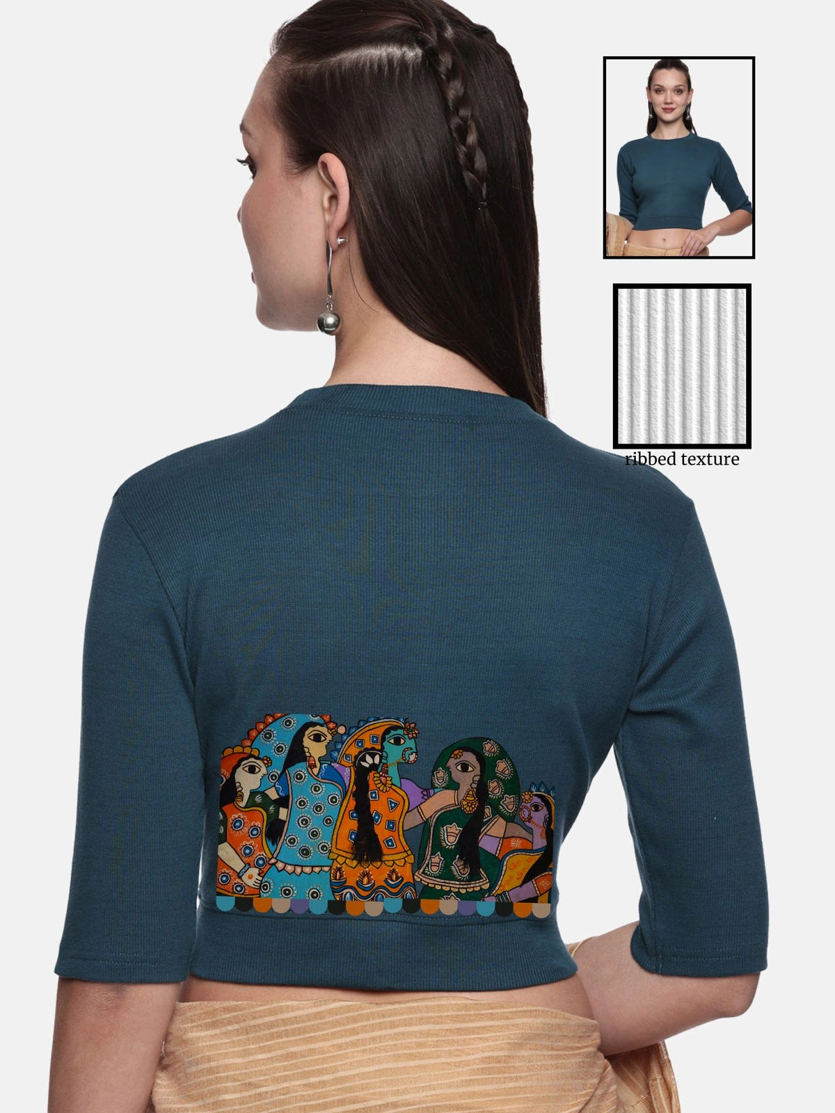 Women Back Printed Stretchable Elbow Sleeve RIB Blouse U0160 Teal Green