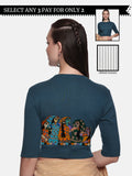 Women Back Printed Stretchable Elbow Sleeve RIB Blouse U0160 Teal Green
