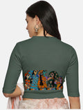 Women Back Printed Stretchable Elbow Sleeve RIB Blouse U0160 Khaki Green