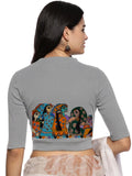 Women Back Printed Stretchable Elbow Sleeve RIB Blouse U0160 LT Steel Grey