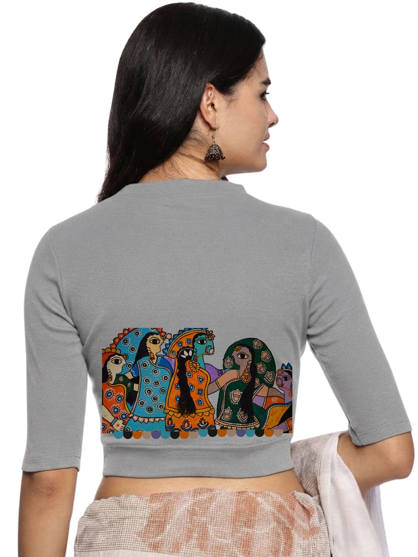 Women Back Printed Stretchable Elbow Sleeve RIB Blouse U0160 LT Steel Grey