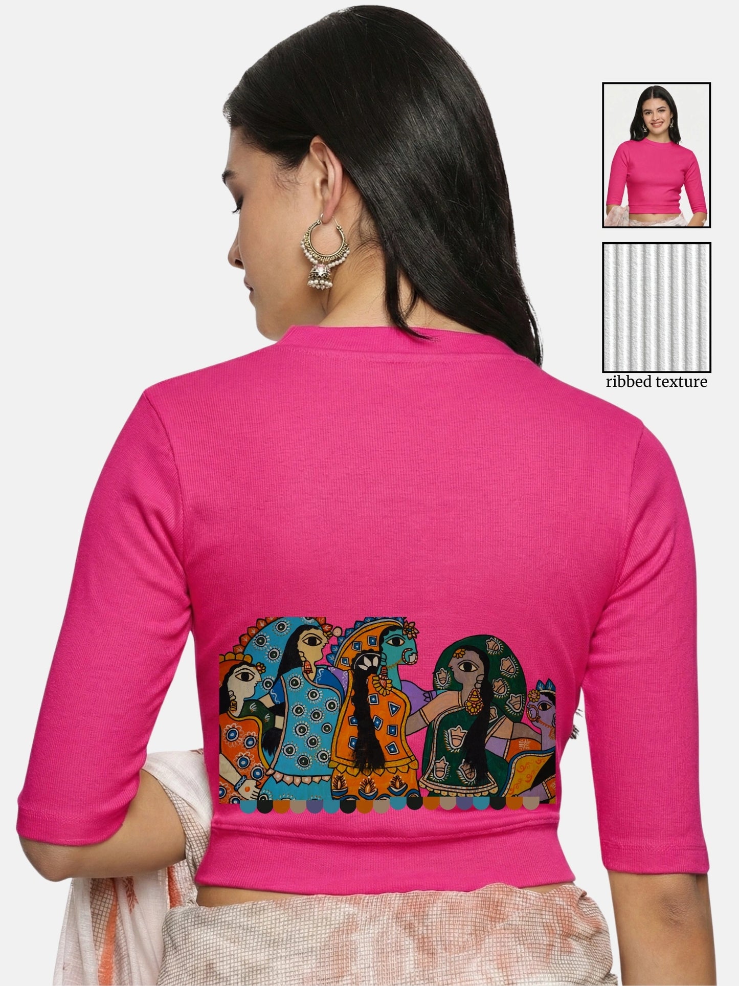 Women Back Printed Stretchable Elbow Sleeve RIB Blouse U0160 Rani Pink